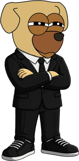 Sus Dog standing in a black suit, arms crossed