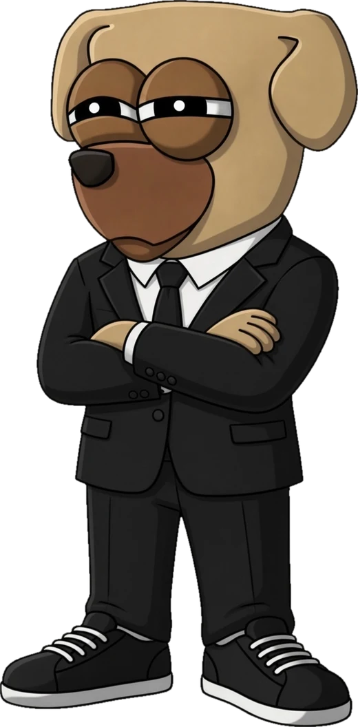 Sus Dog standing in a black suit, arms crossed