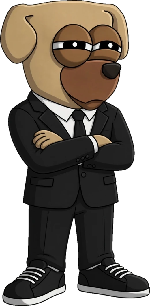 Sus Dog standing in a black suit, arms crossed